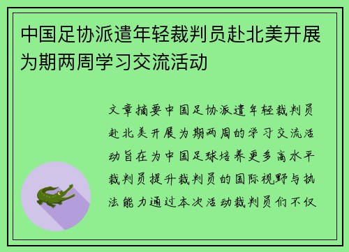 中国足协派遣年轻裁判员赴北美开展为期两周学习交流活动 中国足协派遣年轻裁判员赴北美开展为期两周学习交流活动
